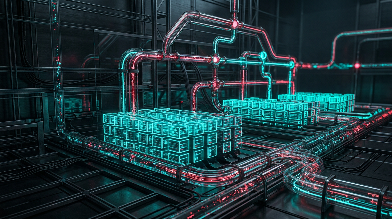 Abstract technical visualization of ordered data blocks and cache validation pipelines