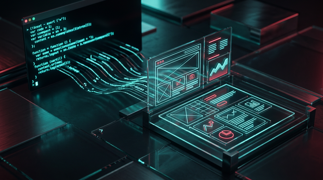 Minimalist graphic showing code terminal prompts transforming into structured website layouts and marketing assets