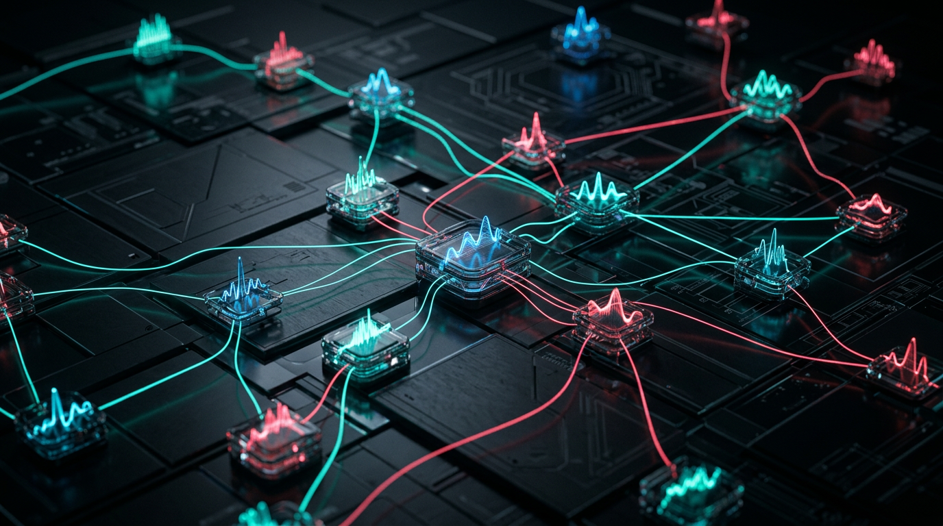 Abstract digital network lines connecting audio waveform nodes over a dark schematic background