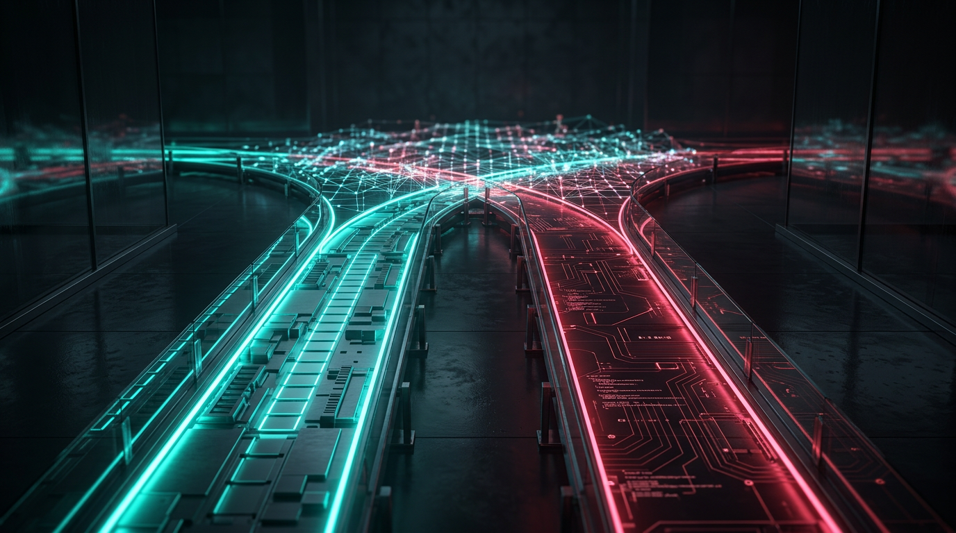 Two parallel tracks merging into a digital grid, representing the choice between visual builders and AI code generation