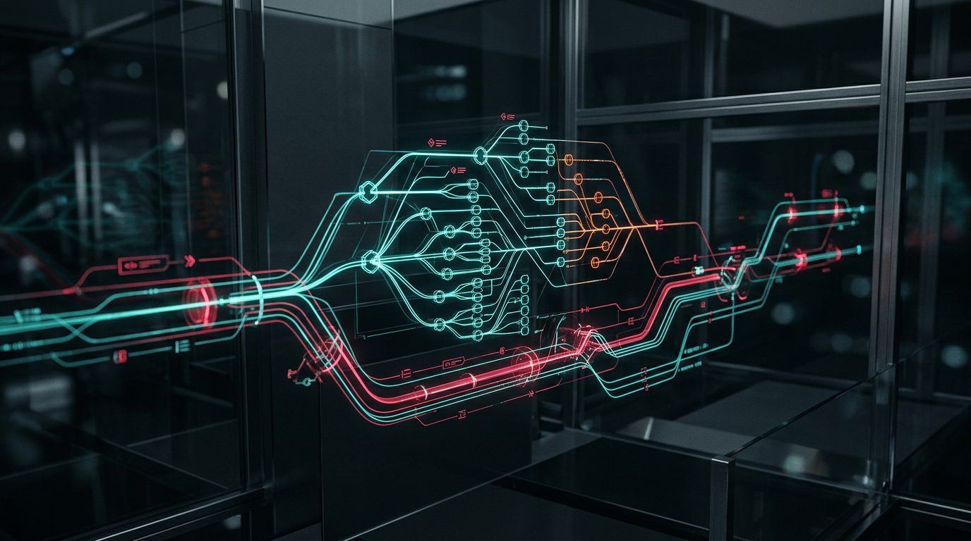 Abstract wireframe diagram showing nested tree nodes and rendering latency pipelines