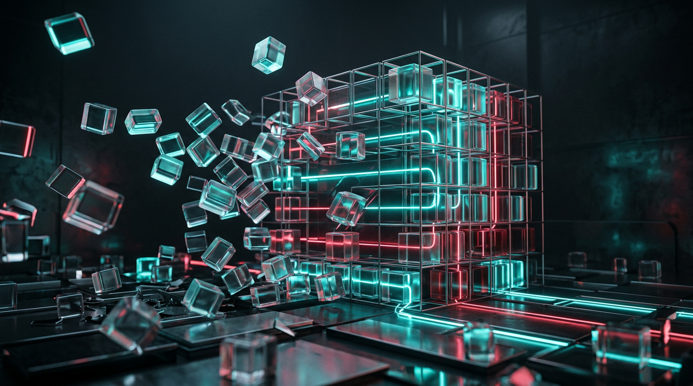 An abstract 3D render showing scattered glass blocks reorganizing into a rigid matrix grid.