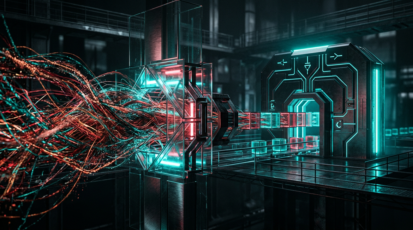 Abstract representation of messy data streams being filtered into clean structural blocks before entering a logic gate.