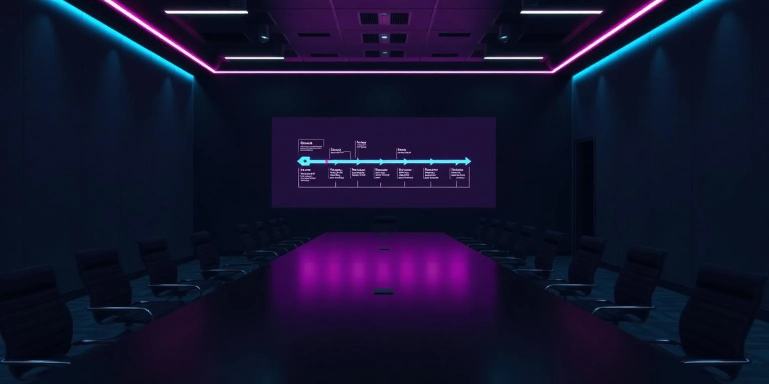 A wide, dim conference room with a long table and a single wall display glowing with a pipeline diagram, empty chairs, cyan and magenta edge lighting, no people