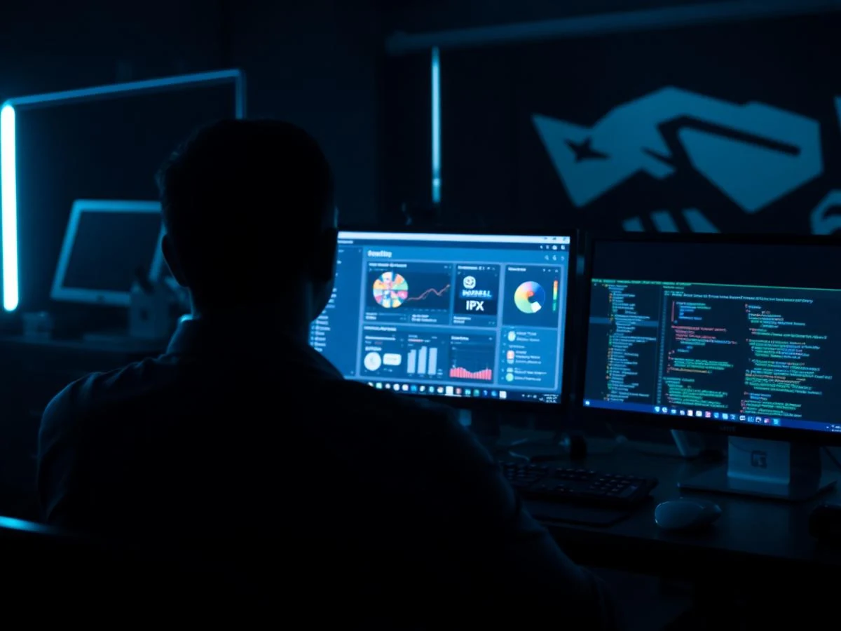 A single operator at a dark desk with three monitors, one showing an ad dashboard, one showing a CRM, one showing code, cyan reflections, seen from behind