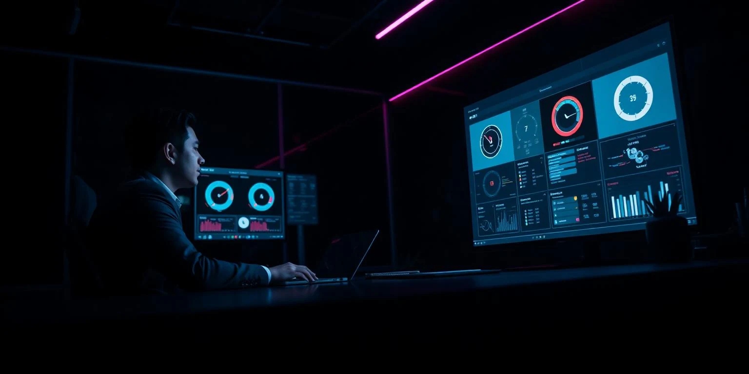 An executive on a video strategy call at a dark desk with glowing dashboards