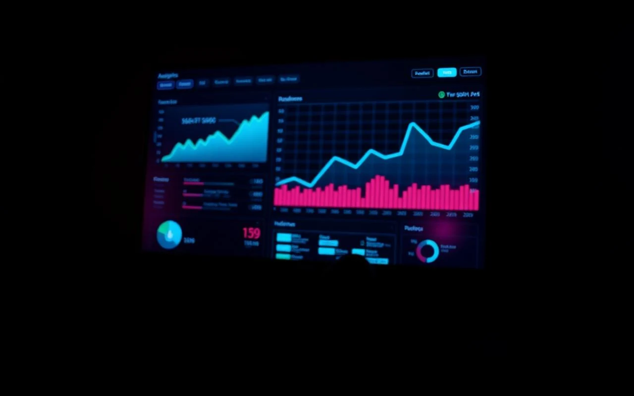 A glowing revenue dashboard in a dark room with cyan and magenta charts