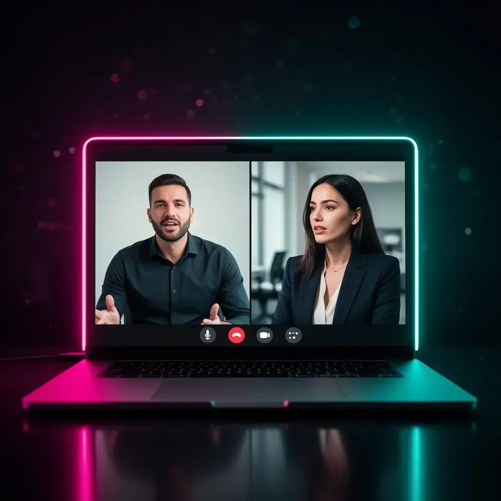 Two-way video interview call on a laptop with neon brand lighting
