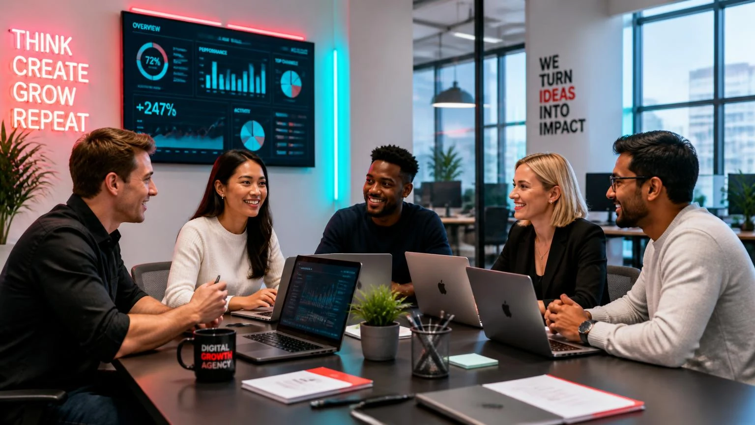 A small team of four at a long dark table with laptops open and cyan and magenta accent lighting