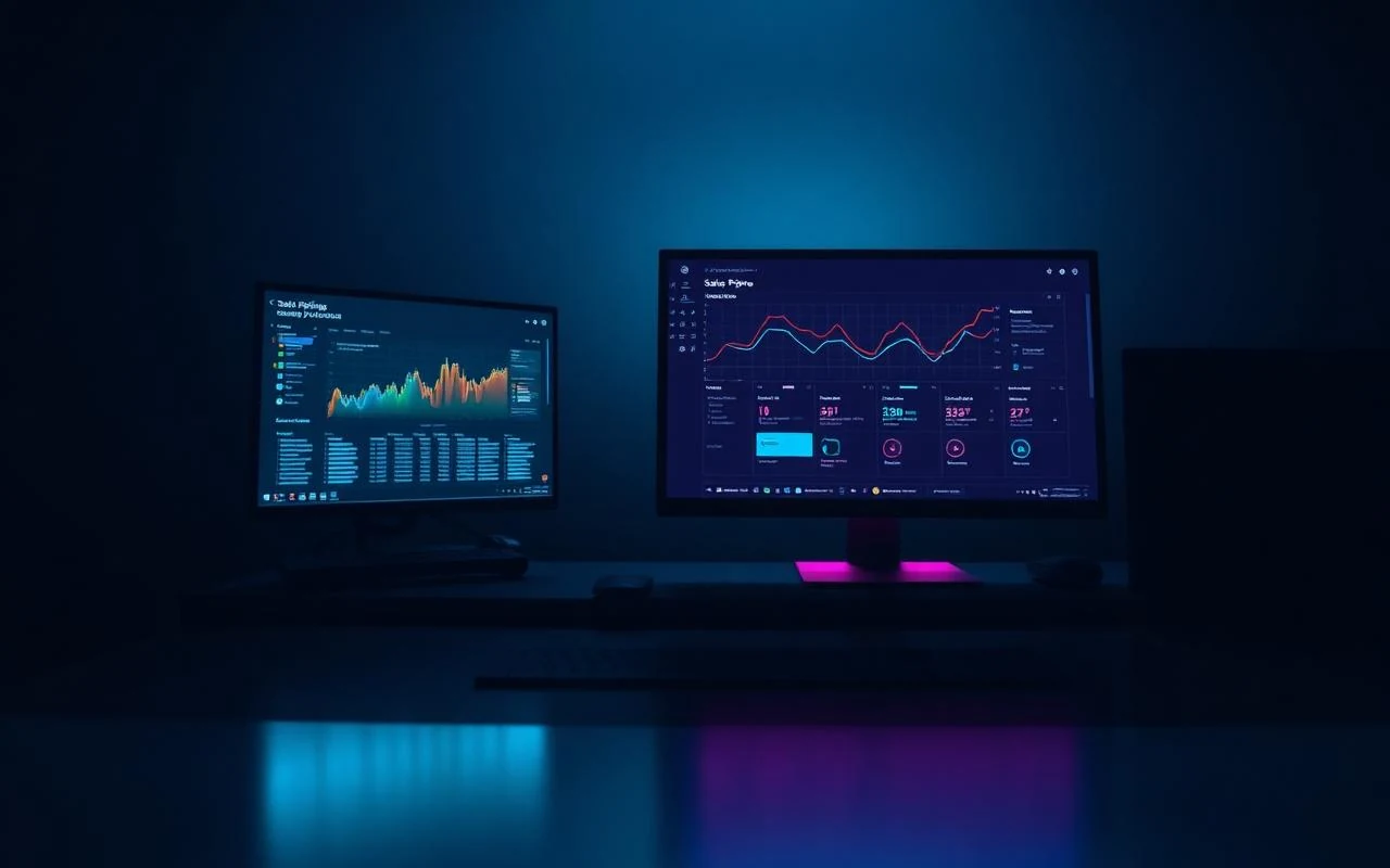 A single desk in a dark office at night with one glowing monitor and cyan reflection