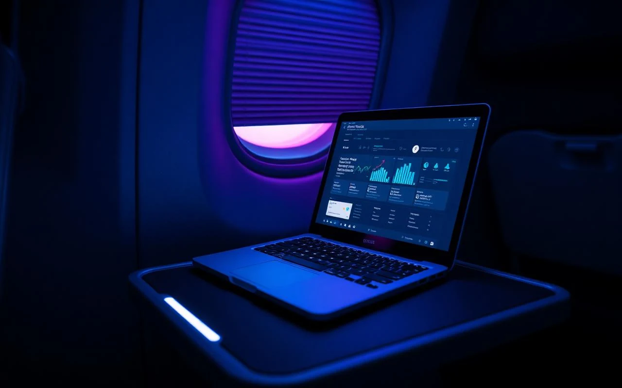 A laptop on an airplane tray table showing a dashboard with cyan glow in a dark cabin