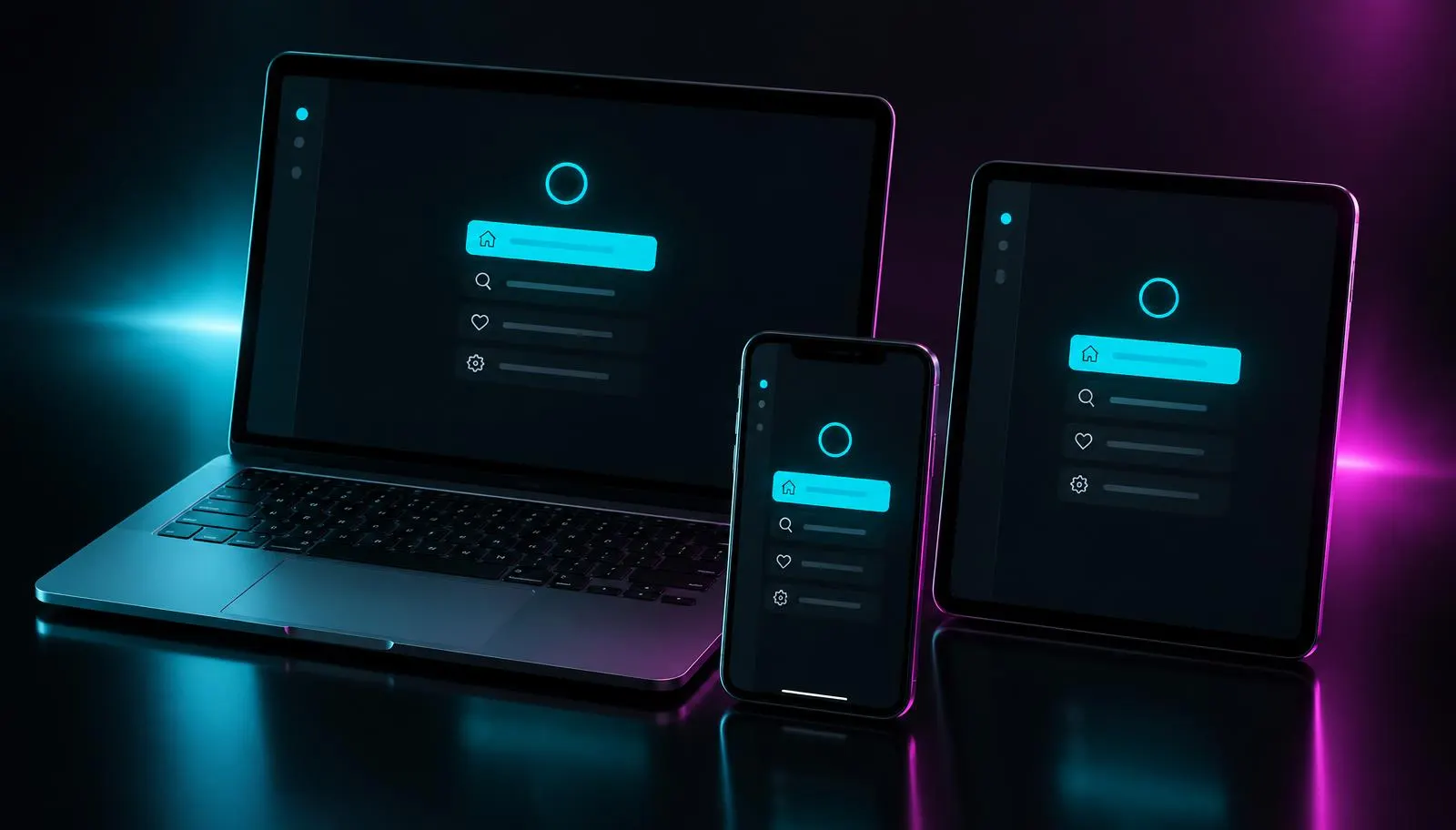 A laptop, tablet, and phone showing the same simple single-menu app