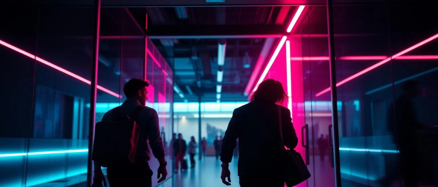 A wide shot of a two-person team walking into a modern office at dawn with laptop bags, seen from inside through glass, dark interior with cyan accent lighting