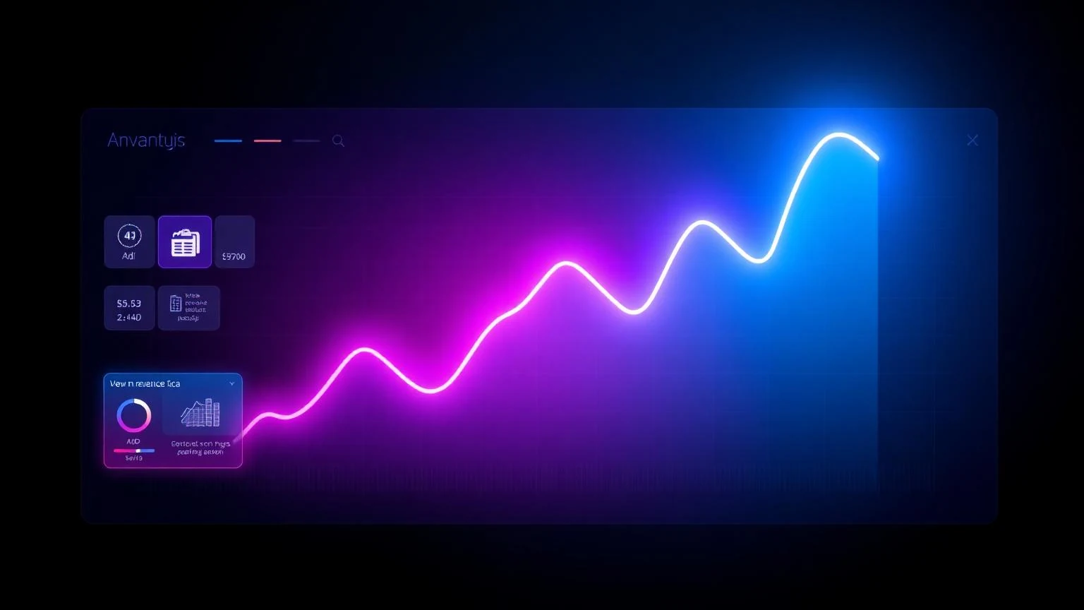 A single glowing revenue line on a dark dashboard, with two feeds merging into it from the left, one labeled with an ad icon and one with a gear icon, cyan and magenta
