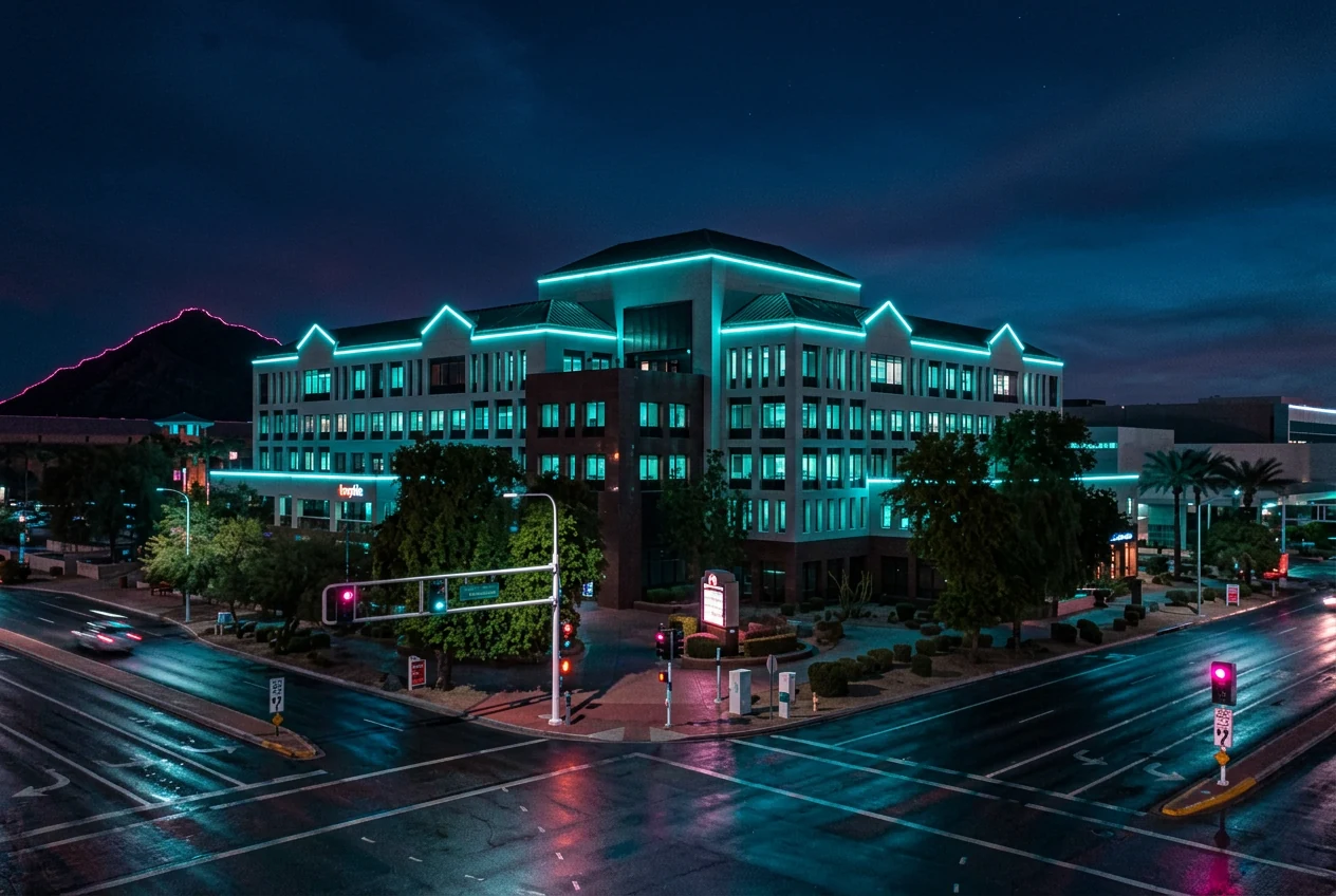 A southwestern office exterior in Old Town Scottsdale at dusk with palm trees and neon accents