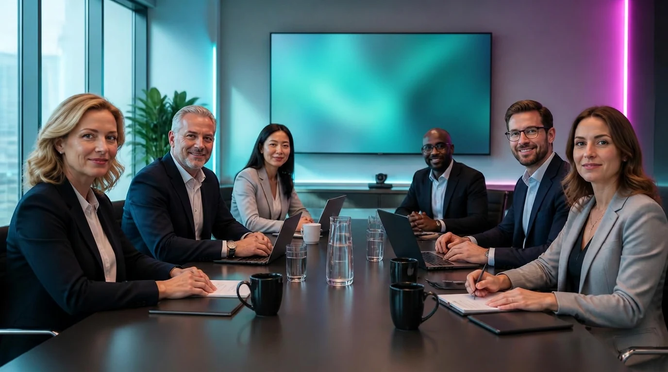 A diverse group of five executives around a dark conference table, one standing at a glowing wall display, neon accents