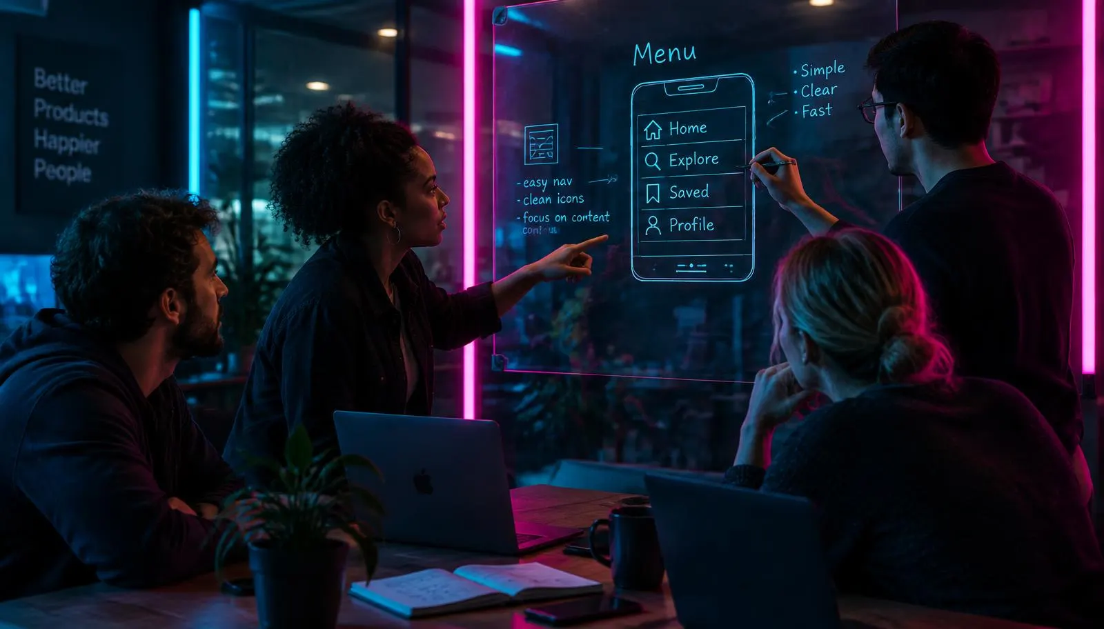 A small team sketching a simple menu layout on a glass whiteboard